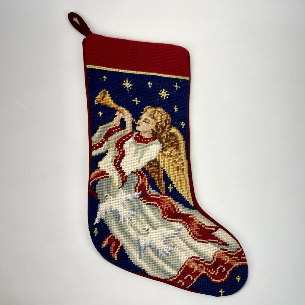 Vintage Imperial Elegance Wool Needlepoint Christmas Angel Stocking Velvet Red